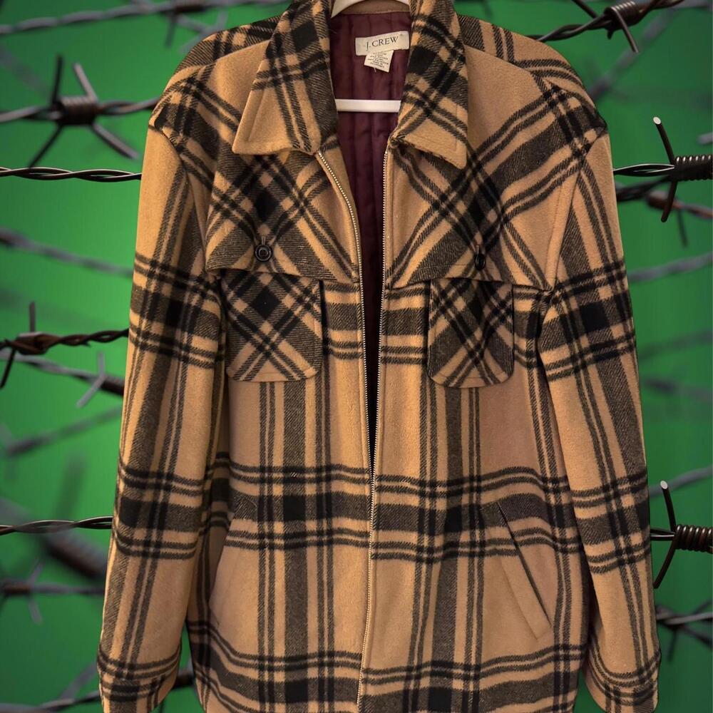 J.Crew Tan & Black Plaid Wool Blend Zip Front Jacket Size XL
